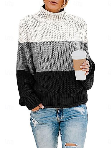  Damskie Sweter Sweter sweter Codzienny Miękkie Prążki Prążkowany Kołnierz stawiany Niejednolita całość Dzianiny Długi rękaw Zwykłe topy Robić na drutach Na zewnątrz Codzienny Weekend Czarny Czerwony