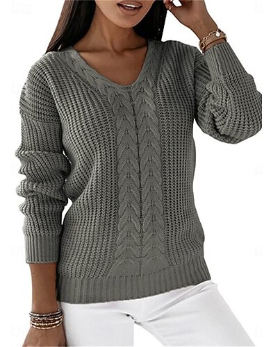  Damen Pullover Brautkleider schlicht Weich Einfarbig Gerippt V Ausschnitt Strick Langarm Normale Oberteile Stricken Outdoor Täglich Wochenende Weiß Blau Herbst Winter
