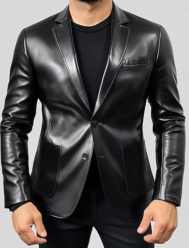  Veste de blazer en PU cuir pour homme manteau de sport mode bureau épais et chaud couleur unie kaki foncé noir marron coupe standard à un rang de boutons