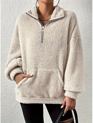  dámská mikina ležérní šerpa fleece obyčejný street denní nošení kapsa na rolák do poloviny zip dlouhý rukáv hnědá béžová šedá podzim zima