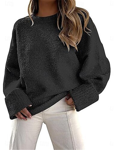  Damen Pullover Brautkleider schlicht Weich Einfarbig Gerippt Rundhalsausschnitt Strick Langarm Normale Oberteile Stricken Outdoor Täglich Wochenende Schwarz Weiß Herbst Winter