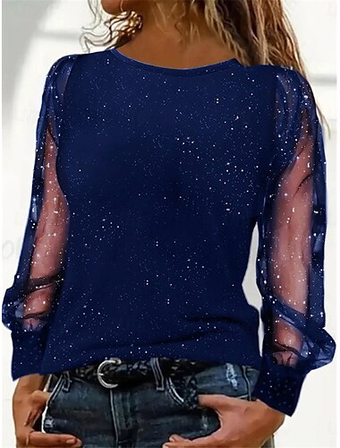  Damen T Shirt Glatt Modisch Modern Brautkleider schlicht Langarm Rundhalsausschnitt Normale Oberteile Täglich Wochenende Gitter Patchwork Schwarz Wein Blau Herbst Winter