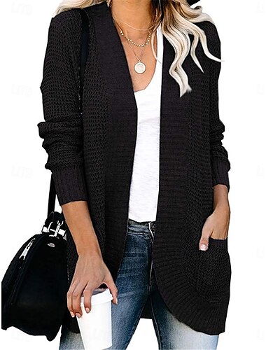  Damen Pullover Strickjacke Brautkleider schlicht Weich Einfarbig Gerippt Öffnung vorne Tasche Strick Langarm Normale Oberteile Stricken Outdoor Täglich Wochenende Schwarz Weiß Herbst Winter