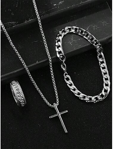  collana con croce in lega da uomo, bracciale a catena e set di anelli incisi: gioielli cristiani resistenti ed eleganti