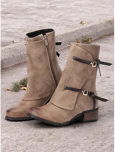  Botines casuales de piel sintética para mujer: cremallera lateral, correas con doble hebilla y tacón apilado para uso diario