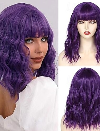  Kurze Bob-Perücken mit Pony für Frauen, weiße, locker gewellte Perücke, lockig, gewellt, schulterlang, synthetische Bob-Perücke für Cosplay für Mädchen, farbenfrohe Weihnachtsparty-Perücken