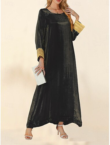  Damen Casual kleid Maxidress Patchwork Elegant Brautkleider schlicht Rundhalsausschnitt Langarm Schwarz Marineblau Purpur Farbe