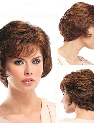  perruques courtes bouclées brunes avec coupe de lutin brune perruques ondulées pour femmes blanches perruques synthétiques complètes en couches pour une fête quotidienne