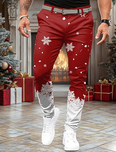  Jul Herre Snøfnugg Dressbukser Medium Midje Fritid Festkveldsklær Hverdag Ferie Glidelås Lomme Sommer Vår Høst 3D-utskrift Svart Rød Blå