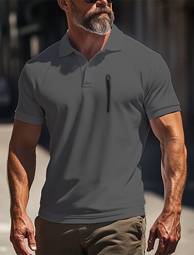  Herren Poloshirt Golfpolo Arbeit Strasse Klassisch Kurzarm Modisch Muskel Feste Farbe Zip Schnell Trocknend Sommer Frühling Herbst Schwarz Armeegrün Marineblau Grau Poloshirt