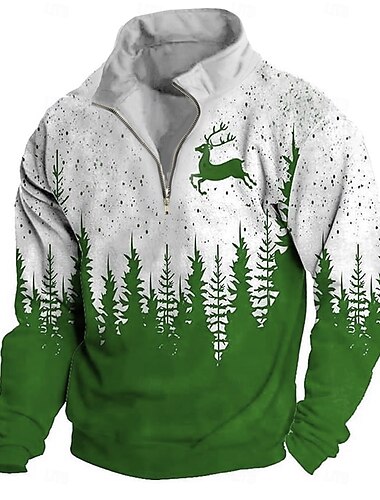  Weihnachten Herren Bäume Hirsch Sweatshirts Pullover Sweatshirt Pullover Reißverschluss-Sweatshirt Sweatshirt mit Viertelreißverschluss Langarm Sweatshirt Troyer Halber Reißverschluss Zip Viertel