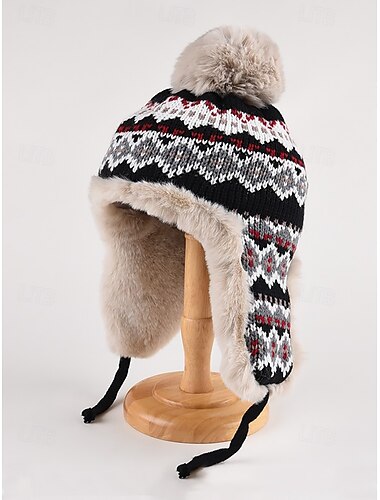 Winterliche Strick-Trappermütze mit Bommel und Kunstfellfutter – warme Beanie mit Ohrenklappen für Damen