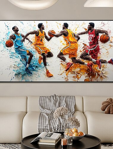  Pintura a óleo original feita à mão sobre tela de basquete, jogos abstratos da nba, arte de parede para decoração de casa com moldura esticada/sem moldura interna