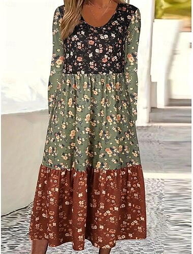  Damen Übergröße Kurve Casual kleid Graphic kleid lang Langarm Rundhalsausschnitt Modisch Urlaub Hellgrün Blau Herbst XL 2XL 3XL 4XL 5XL