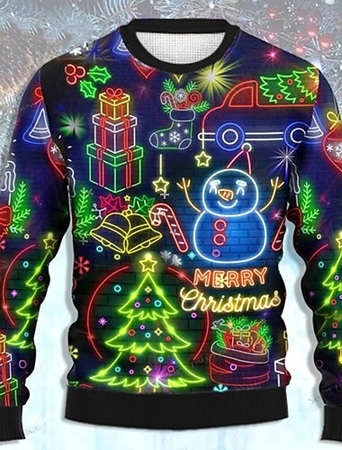  Suéter navideño feo, suéteres para hombres, suéter de muñeco de nieve, suéter de punto, suéter de Nochevieja, para exteriores, uso diario, vacaciones, manga larga, cuello redondo, otoño, invierno,