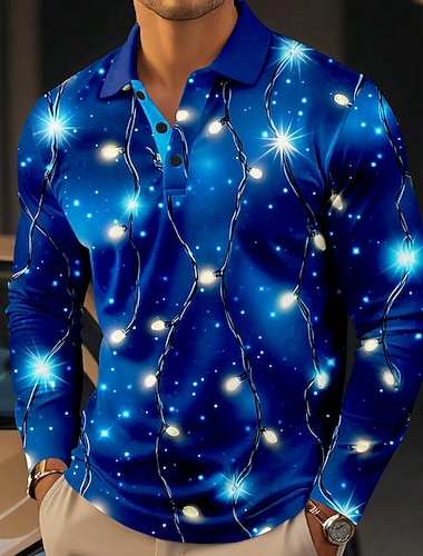 Herren Galaxis Poloshirts Golf Poloshirts Langarm Polo-Shirts Kragen Brautkleider schlicht Party-Abendgarderobe Alltagskleidung Urlaub Knopf 3D-Druck Blau