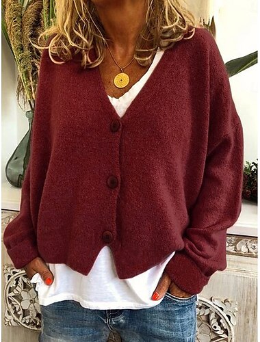  Dame Bluse Cardigan Afslappet Blødt Ren farve Rillet V-hals Knapper Strikket Langærmet Almindelige toppe Strikke udendørs Daglig Weekend Vin Grøn Efterår Vinter