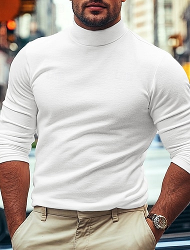  رجالي تي شيرت المدورة قميص تي الأعلى قميص طويل الأكمام كم طويل رقبة عالية ربيع & الصيف سهل موضة مصمم أساسي ناعم عطلة شارع مناسب للخارج أسود أبيض عنابي تي شيرت للرجال