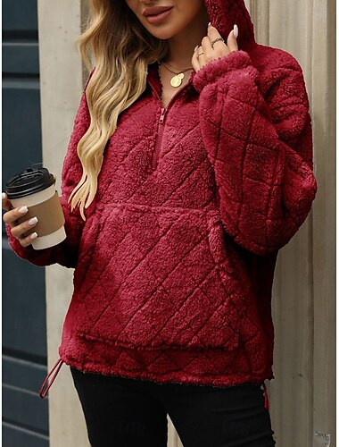  Damen-Kapuzenpullover mit Reißverschluss, lässig, Sherpa-Fleece, einfarbig, für den Alltag, mit Kapuze, Tasche, halber Reißverschluss, langärmelig, schwarz, rot, beige, Herbst, Winter