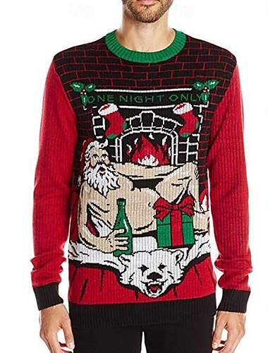  Suéter navideño feo, suéteres divertidos para hombres, suéter tejido con estampado de Papá Noel, suéter de Nochevieja, suéter para exteriores, diario, manga larga, cuello redondo, verde, otoño