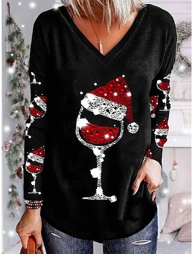 Damen Bluse V-Ausschnitt Druck Weihnachtsmann Hut Weingläser Feiertags Tee Schwarz Festlich Lässig Party Oberteil Bequem   Damen Bluse V-Ausschnitt Druck Weihnachtsmann Hut Weingläser Feiertags Tee Schwarz Festlich Lässig Party Oberteil Bequem