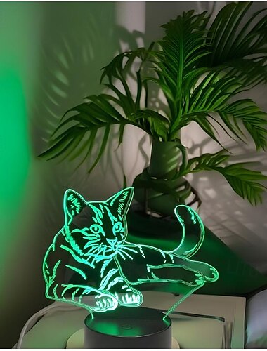  Luz de noche LED 3D USB, lámpara de ilusión de gato que cambia de 7 colores, luz de noche con control táctil, decoración perfecta y regalo para los amantes de los gatos