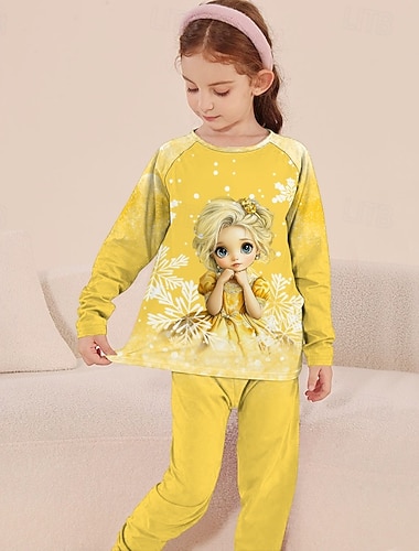  للفتيات 3D الرسم ندفة ثلجية أميرة بيجامات عيد الميلاد مجموعات بيجامة مجموعات تي وسراويل بيجامة كم طويل طباعة ثلاثية الأبعاد الخريف الشتاء نشيط أساسي أطفال 4 سنوات + رقبة العمل المنزل مناسب للبس اليومي