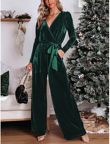  Damen Normal Jumpsuit Stilvoll Feste Farbe Langarm Tiefes V Angeschnallt Urlaub Party Regular Fit Schwarz Rote Blau Frühling