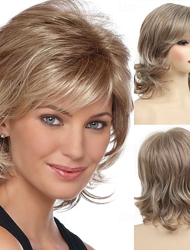  korte brune parykker 14 tommer bølgete krøllete parykk skulderlengde midtdel parykker naturlig utseende syntetisk blondt hår parykker for kvinner daglig festbruk