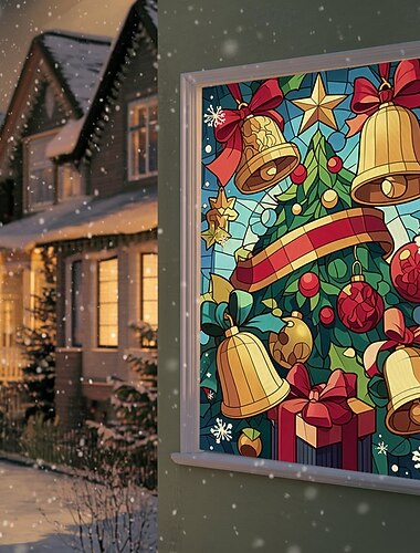  クリスマスの窓カバーデコレーション、布製ステンドグラス、ジングルベル、カーテン、映画ポスター、クリスマスハウスの窓ドアカバーデコレーション、窓用ステッカー、屋内屋外用