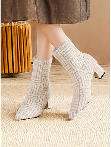  Botines de punto verdes para mujer, tacón medio con punta cuadrada, tejido elástico, perfectos para uso casual e invernal