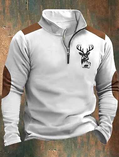  Herren Sweatshirt Viertelreißverschluss Sweatshirt Blau Braun Khaki Hellgrau Dunkelgray Halber Reißverschluss Rentier Druck Weihnachten Täglich Ferien Polyester Streetwear Lässig Bayerisch Herbst