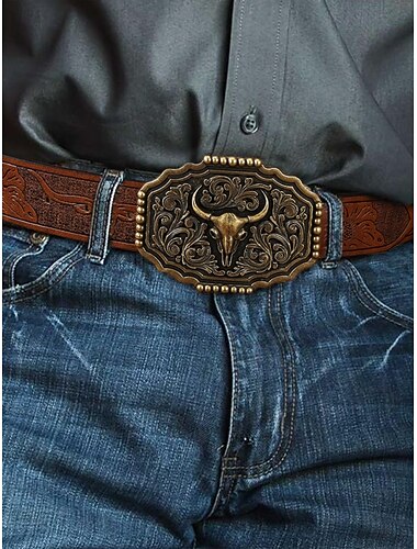  Men's Western Faux Leather Belt with Embossed Floral Design and Bull Head Buckle – Vintage Cowboy Style
