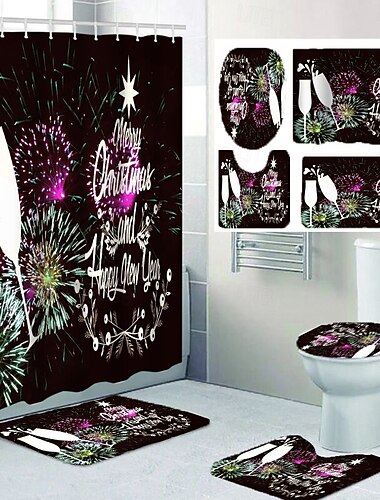  4-teiliges Duschvorhang-Set für den Neujahr mit 12 Ringen schmutzabweisendes Polyester beinhaltet Badezimmer Antirutschteppich Badewannen-Trennvorhang Toilettendeckel U-förmige Matte für modernes