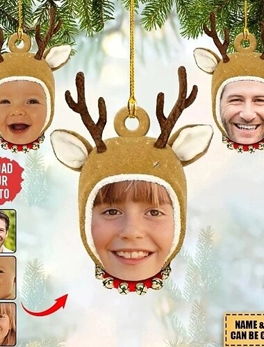  Anpassade Foto Julprydnader Söt Ren Akryl 2D Anpassat Julgransprydnader Xmas Dekoration Hängande Pendel Gåvor