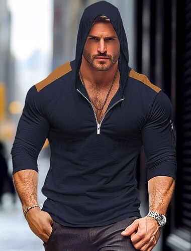  Per uomo Maglietta con Zip a Quarti Maglietta Camicia a Maniche Lunghe Manica Lunga Con Cappuccio Estate Patchwork Quotidiano Casual Stile da Strada Cerniera All'aperto Streetwear Casual Nero Blu