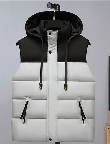  בגדי ריקוד גברים אפוד פאפר וסט קפוצ'ון מרופד Gilet אפוד מרופד יומי פגישה (דייט) חופשה אופנתי יום יומי סתיו חורף כיס מכסה המנוע הניתן להסרה פוליאסטר שמור על חום הגוף נוח קולור בלוק מוחבא עם קפוצ'ון
