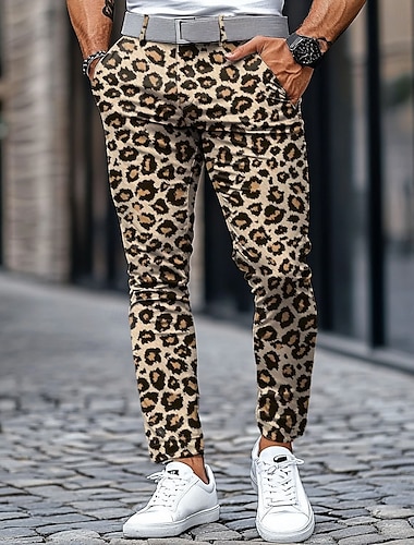  Herr Leopardtryck Kostymbyxor Medium Midja Business Casual Formell Utomhus Gata Dragkedja Ficka Sommar Vår Höst 3D-tryck Vit Brun Svartvit