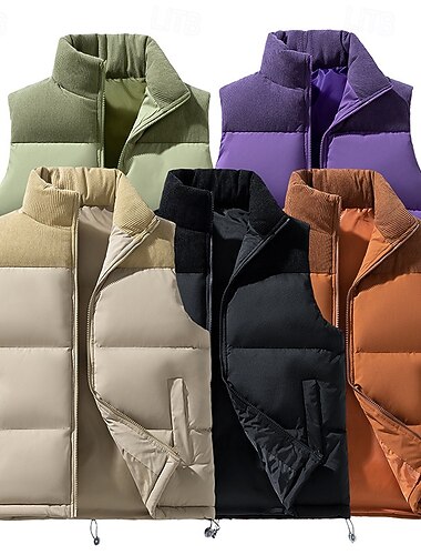  בגדי ריקוד גברים אפוד פאפר Gilet אפוד מרופד יומי פגישה (דייט) חופשה אופנתי יום יומי סתיו חורף כיס פוליאסטר שמור על חום הגוף נוח צבע אחיד רוכסן עומד רגיל שחור סגול תלתן חאקי אֵפוֹד