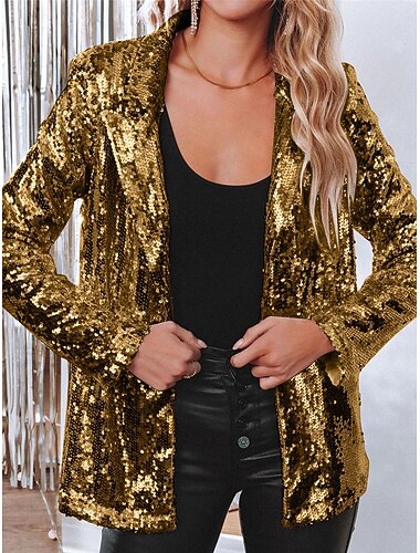  Жен. Зимняя куртка Для вечеринок на открытом воздухе Для улицы Осень Зима Обычная Пальто Стандартный Сохраняет тепло Дышащий Стиль На каждый день Жакеты Длинный рукав Полотняное плетение Пайетки