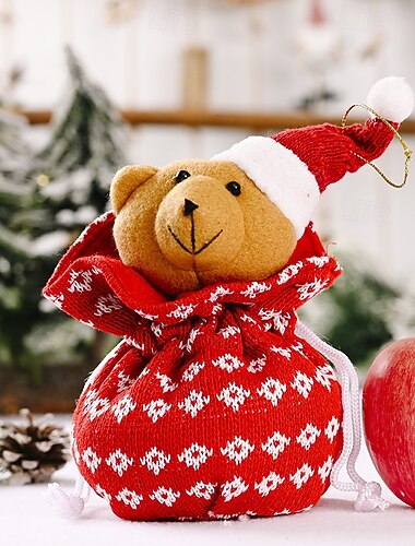 strikket 3d juleeplepose, julegaveemballasjepose, julegodteri gavepose til julefestfavoritter