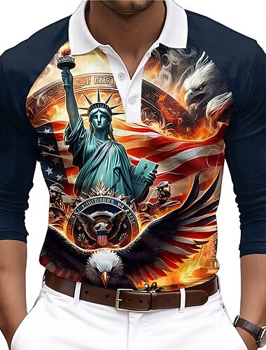  Weihnachten Herren USA Freiheitsstatue Poloshirts Golf Poloshirts Langarm Polo-Shirts Kragen Lässig Urlaub Straße Alltagskleidung Knöpfe 3D-Druck Frühling & Sommer Dunkelblau