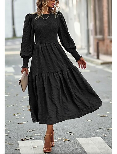  robe de travail pour femme robe noire robe d'hiver élégante robe longue robe maxi plissée col rond manches longues uni coupe ample noir printemps automne s m l xl