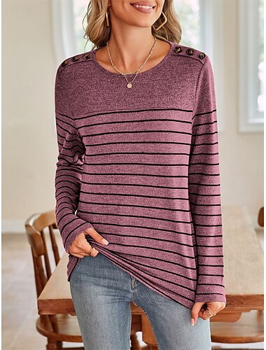  Femme T shirt Rayé Mode Moderne Décontractées manche longue Col Ras du Cou Hauts réguliers du quotidien Fin de semaine Boutons Vin Bleu Gris Automne Hiver