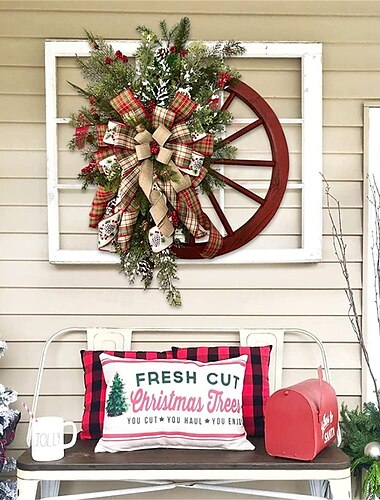  winterkrans-boerderij wagenwiel rode wagenwiel kerstkrans vintage boerderij krans ontwerp decoratie voor voordeur muur 40cm