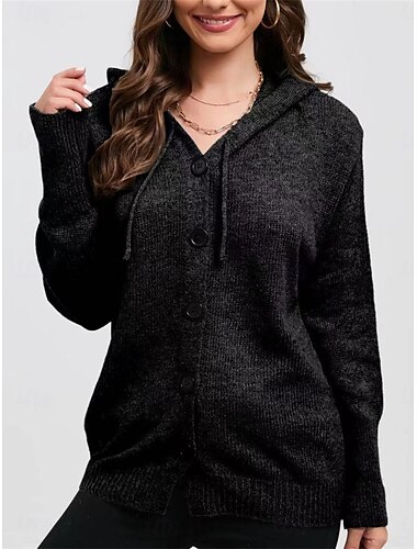  Damen Pullover Strickjacke Brautkleider schlicht Weich Einfarbig Gerippt Mit Kapuze Knopf Strick Langarm Normale Oberteile Stricken Outdoor Täglich Wochenende Schwarz Weiß Herbst Winter