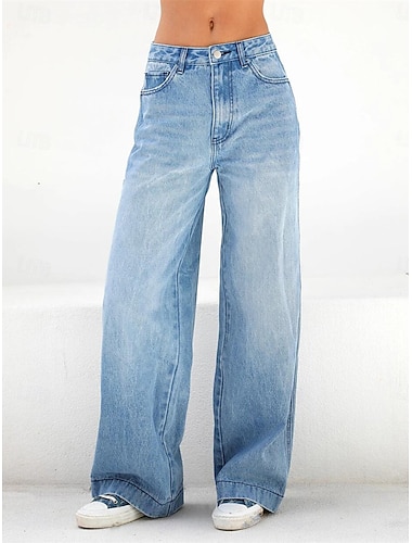  Dames Jeans Breed Been Modieus Streetwear Volledige lengte Hoge taille Effen Zak Comfortabel Zacht Micro-elastisch Buiten Straat blauw Lente & Herfst Normale pasvorm