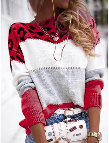  Damen Pullover Brautkleider schlicht Weich Leopard Gerippt Rundhalsausschnitt Strick Bedruckt Langarm Normale Oberteile Stricken Outdoor Täglich Wochenende Gelb Rosa Herbst Winter
