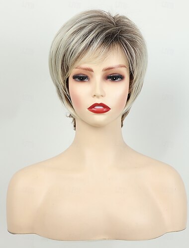  Kurze blonde Perücken für Frauen, blonde Perücken im Pixie-Schnitt mit Pony, glatte, geschichtete Kurzhaarperücken, natürlich aussehende synthetische hellblonde Perücken