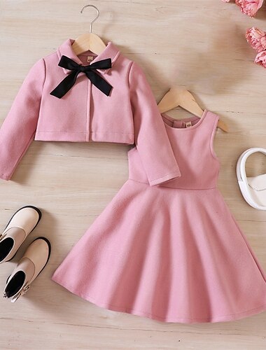  Barn Jente Kjole Helfarge Langermet utendørs Avslappet Elegant Mote Daglig Polyester Knelang Uformell kjole Kjolesett Høst Vinter 4 år + Rosa Rød Brun